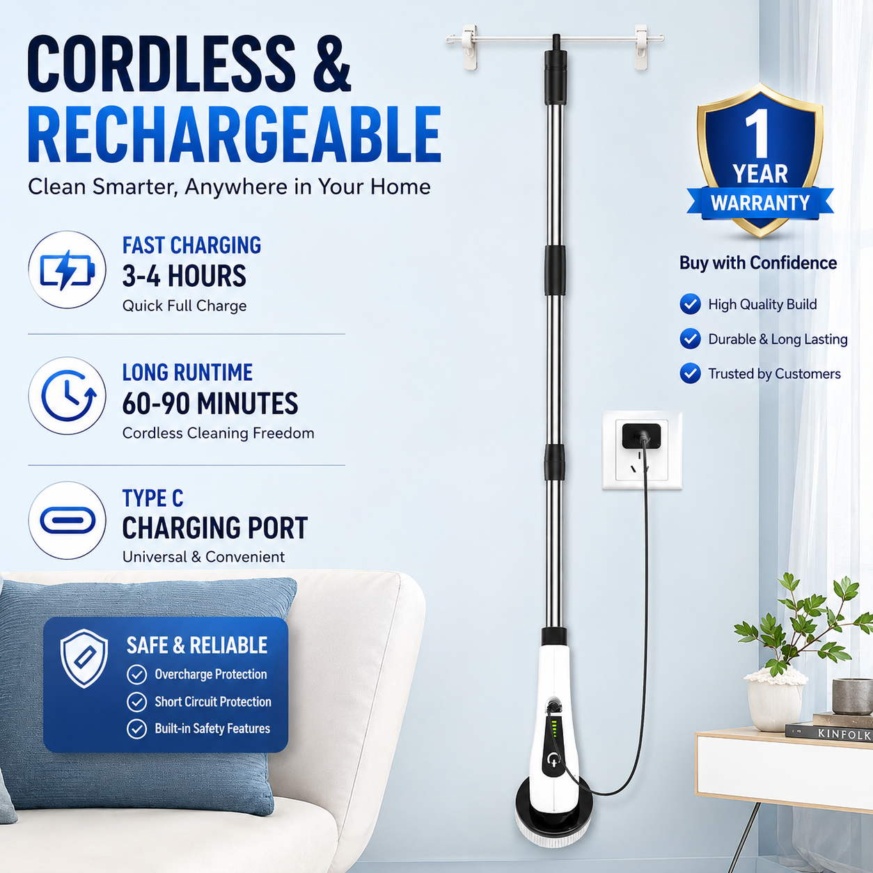 9-in-1 Rechargeable Spin Scrubber Clean Tiles Bathrooms Without Effort