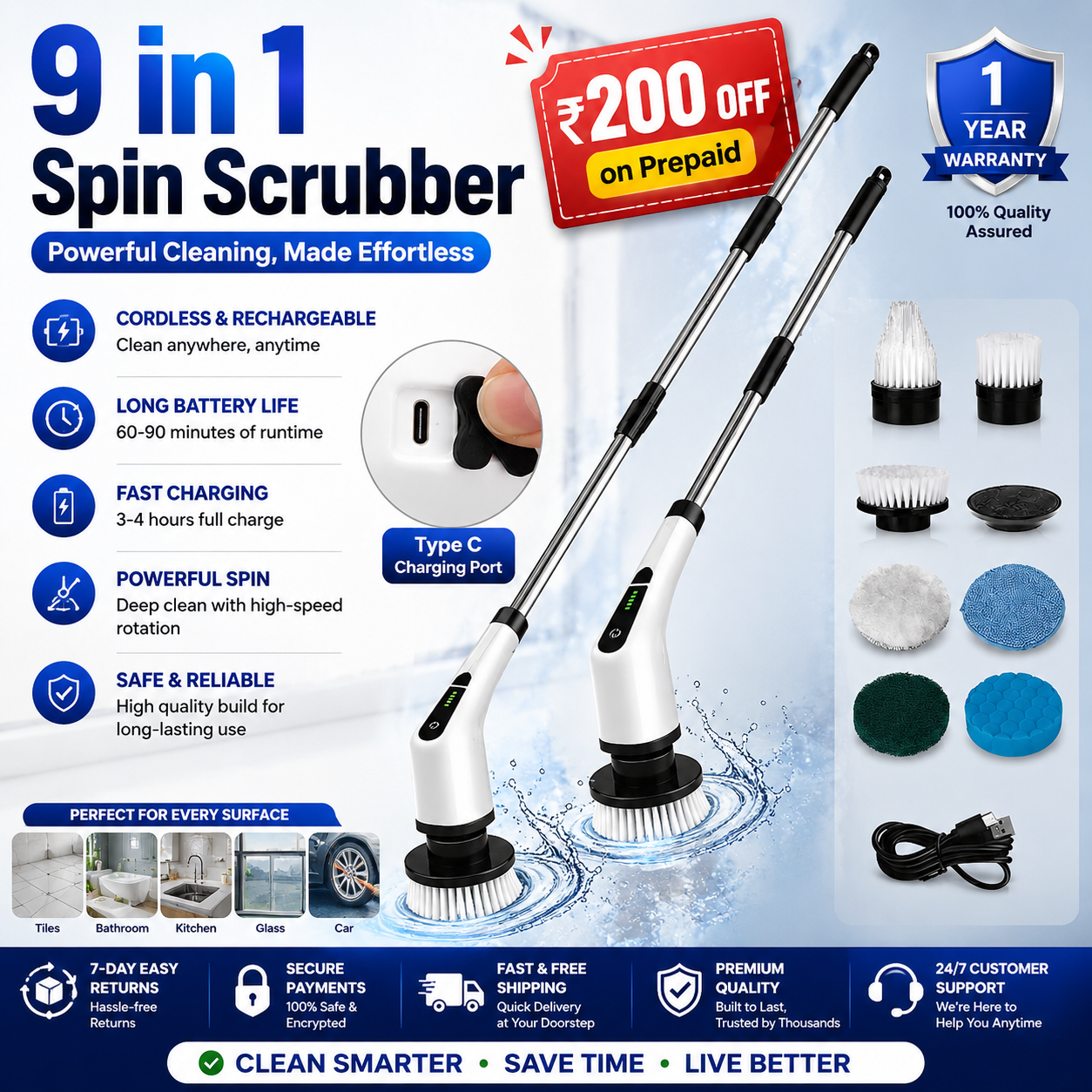 9-in-1 Rechargeable Spin Scrubber Clean Tiles Bathrooms Without Effort