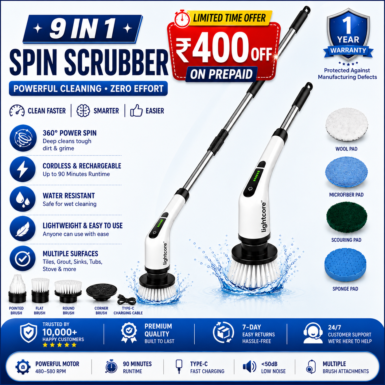 9-in-1 Rechargeable Spin Scrubber Clean Tiles Bathrooms Without Effort